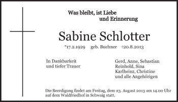 Traueranzeige von Sabine Schlotter von Pegnitz-Zeitung